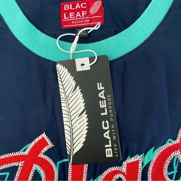 Men’s Short Sleeve Baseball Tee Blac Leaf Print Blue Blac Leaf Size S - Picture 3 of 6